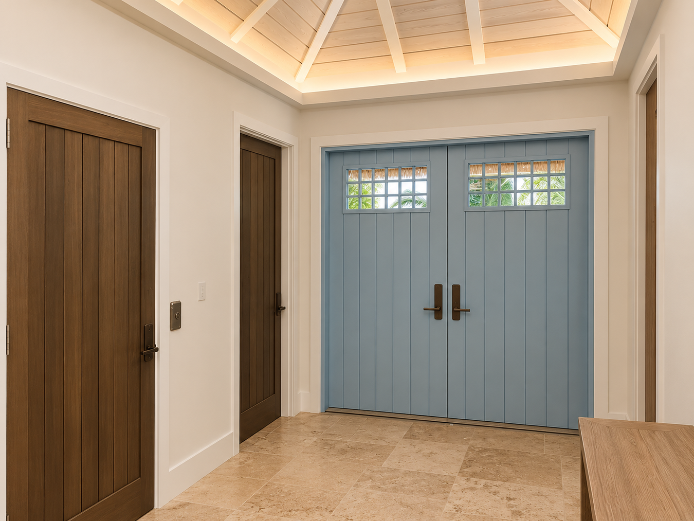 A pair of light blue double front doors with small grid windows, installed in a white-walled entryway with beige tile flooring and a wood ceiling.