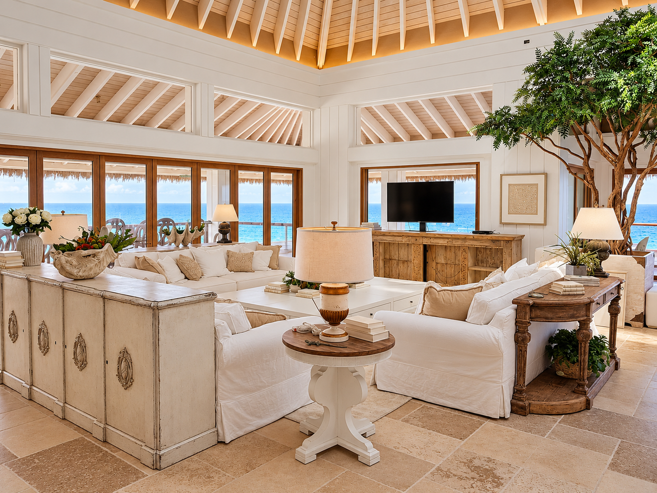 Bespoke painted cabinetry in a bright Caribbean villa living room overlooking the sea