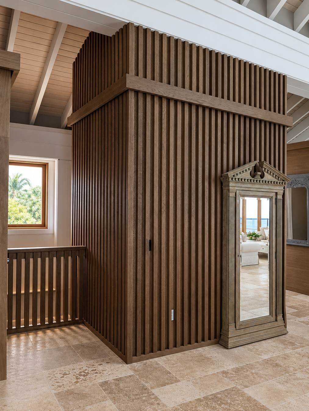 A tall, modern wooden slat enclosure or sauna-style room with a small decorative mirror set into one side panel, shown inside a spacious home interior with stone tile flooring and a high wood ceiling.