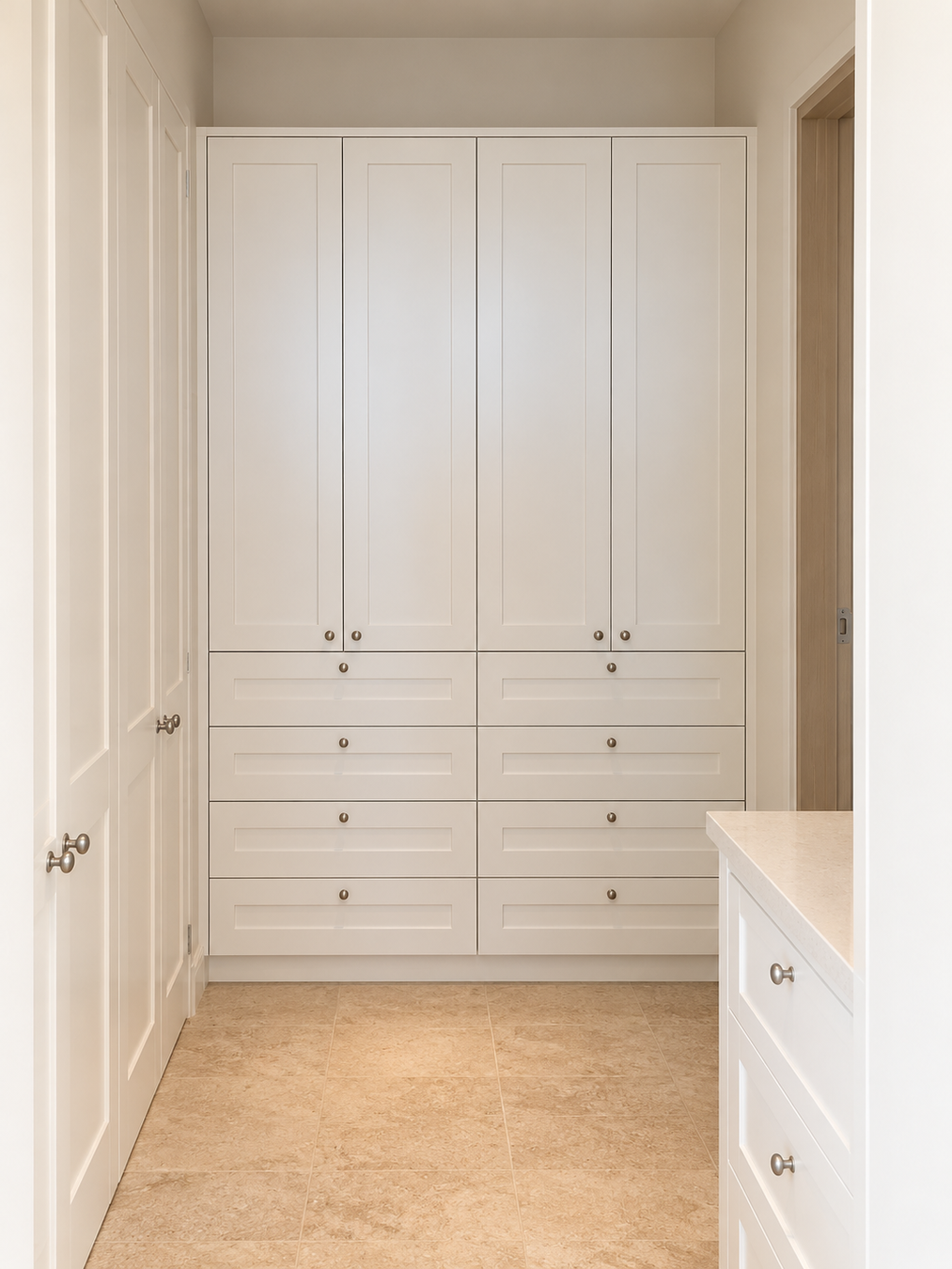 A built-in white closet cabinet with tall shaker-style doors and multiple drawers, shown in a home entryway or storage room with beige tile flooring.