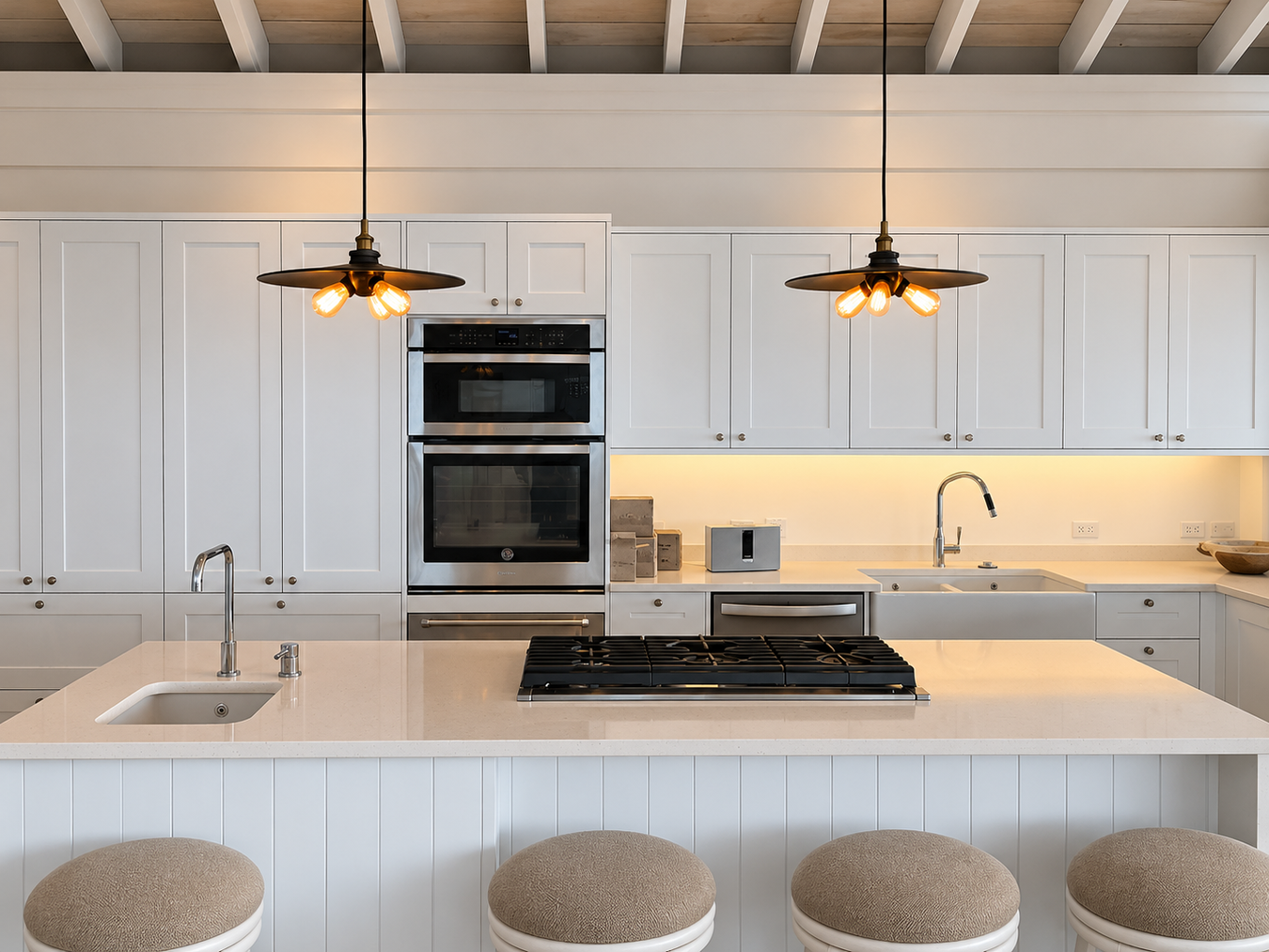 Bespoke Shaker kitchen with a large hob and island, made by Foxstow Kitchens for Moskito Island in the British Virgin Islands.